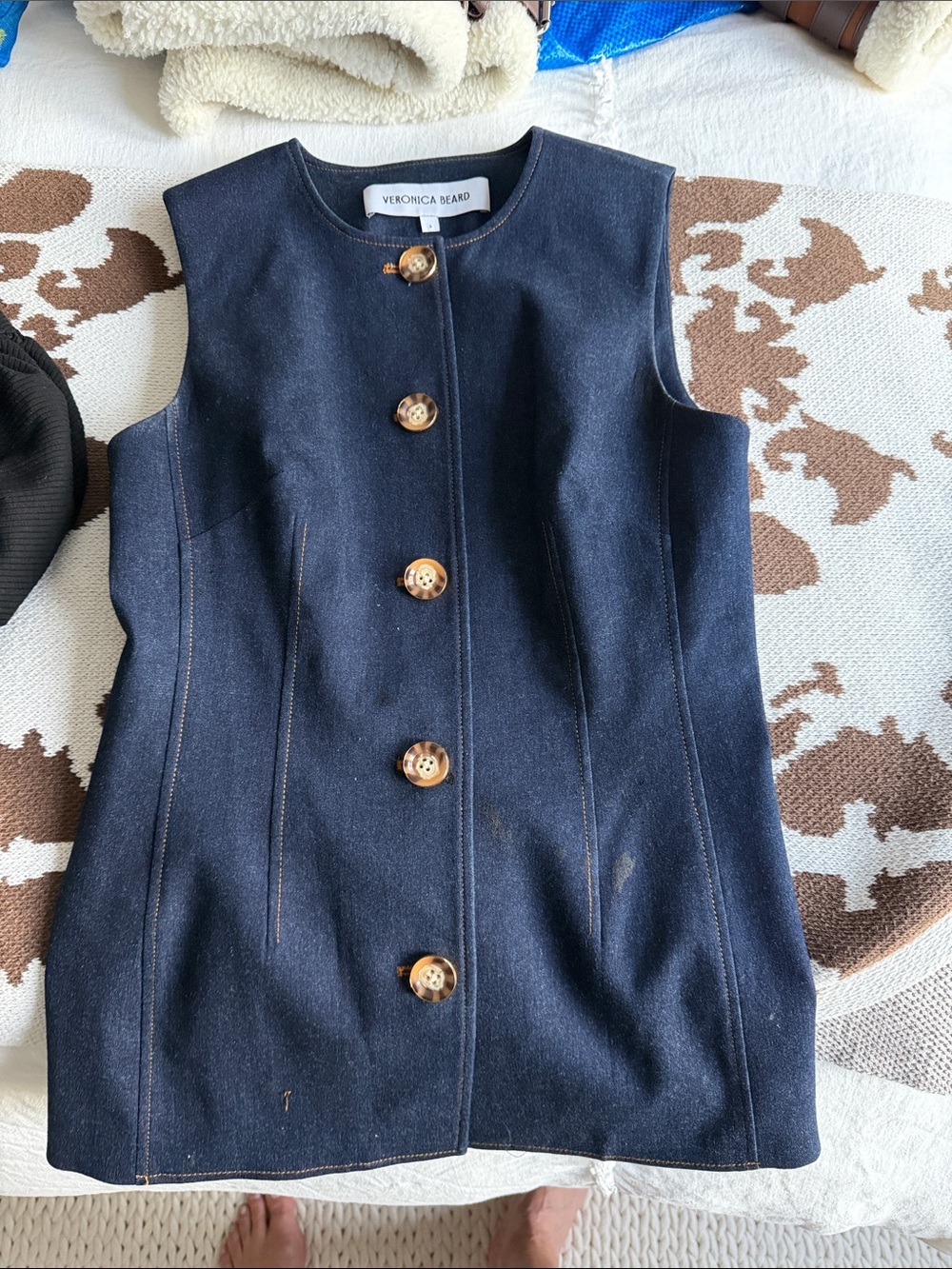 Veronica Beard Dark Navy Sleeveless Button Front Vest with Contrast Stitching